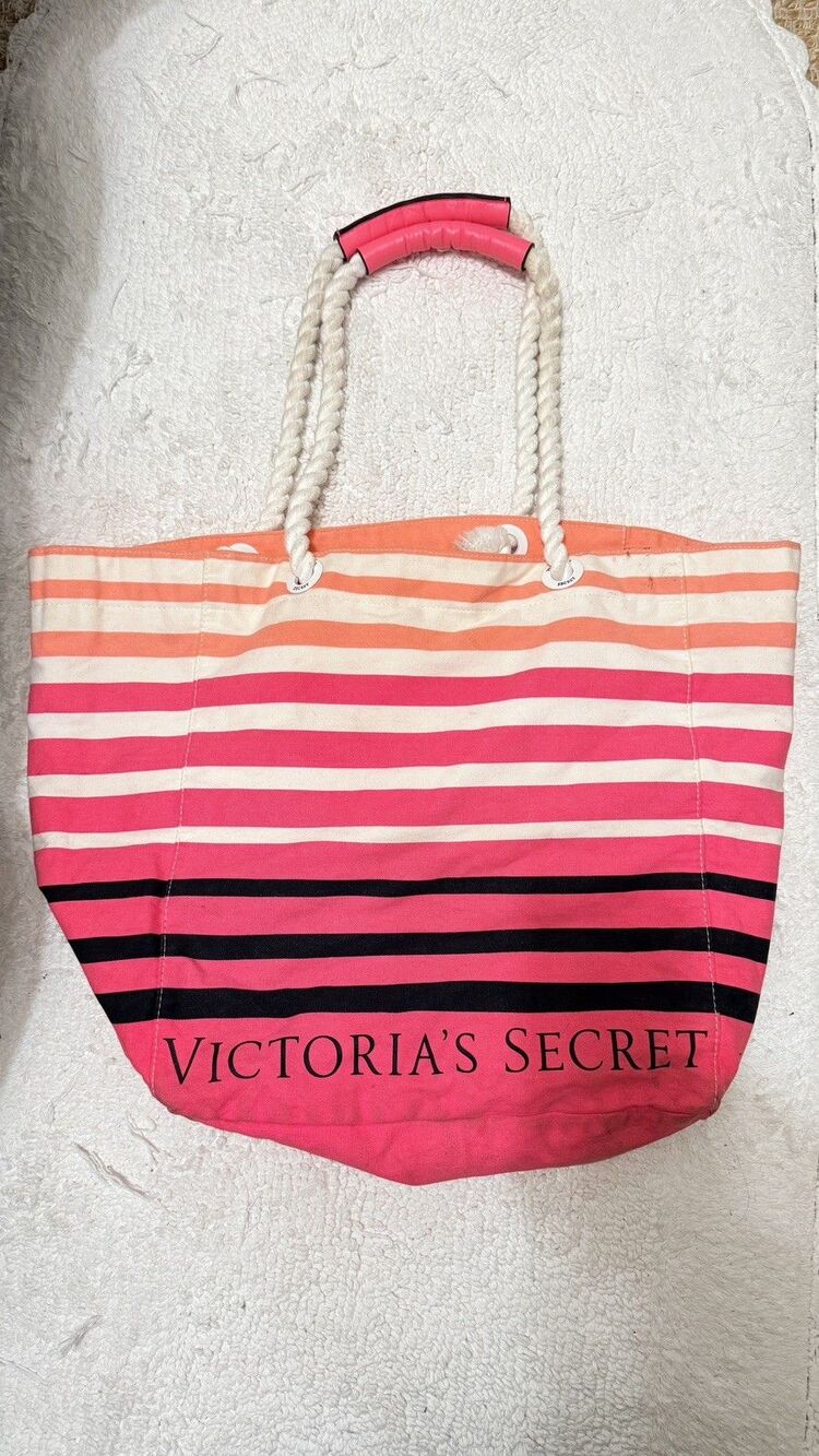 Victoria’s Secret Hot Pink Ombre Large Canvas Tote Beach Bag NWT Rope